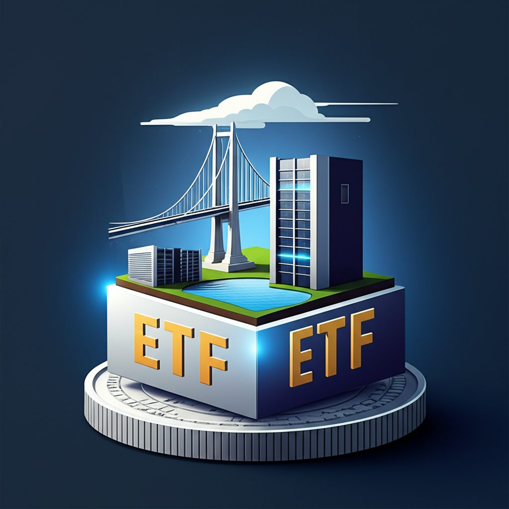 Stylized ETF fund containing bridge, utility tower, and data center illustrating diversification and essential services