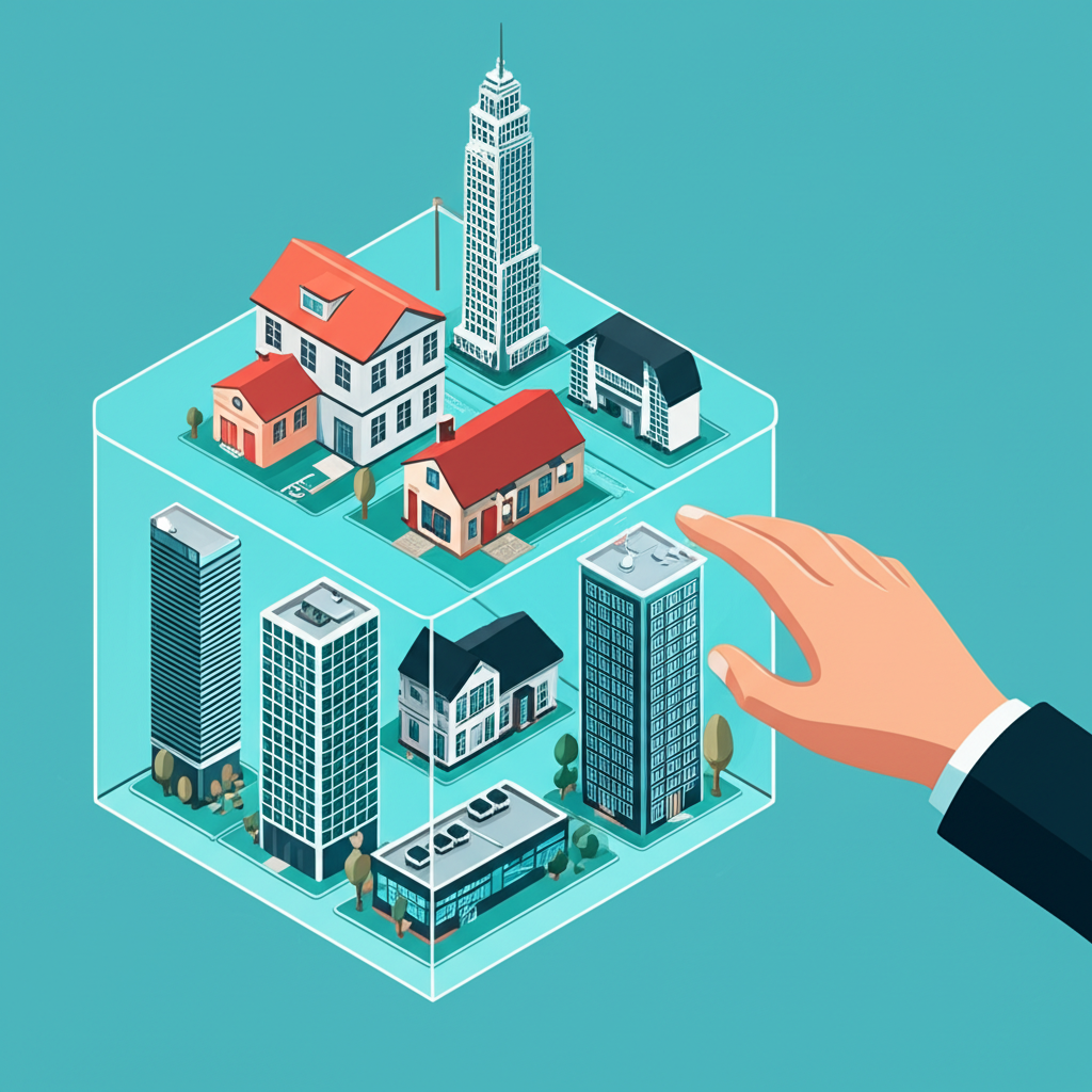 Illustration of a diverse portfolio of buildings in a digital investment fund, symbolizing access to real estate markets