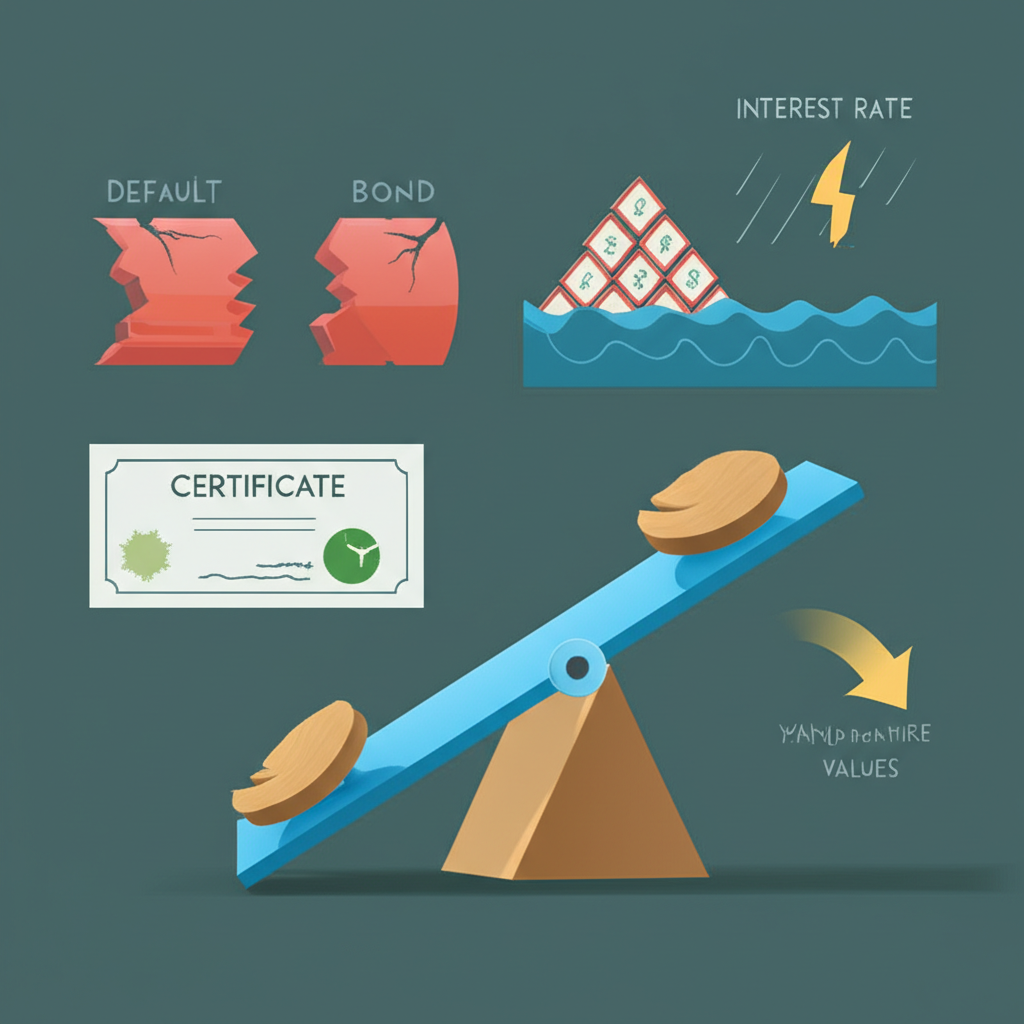 Illustration of risks in high-yield bond investing: default, interest rate fluctuations, market volatility, and economic sensitivity