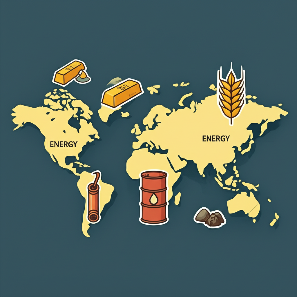 Illustration depicting a global map with various commodity icons: a gold bar for precious metals, an oil barrel for energy, a wheat stalk for agriculture, and a copper pipe for industrial metals, highlighting the vast array of commodity ETF types, colorful and engaging.
