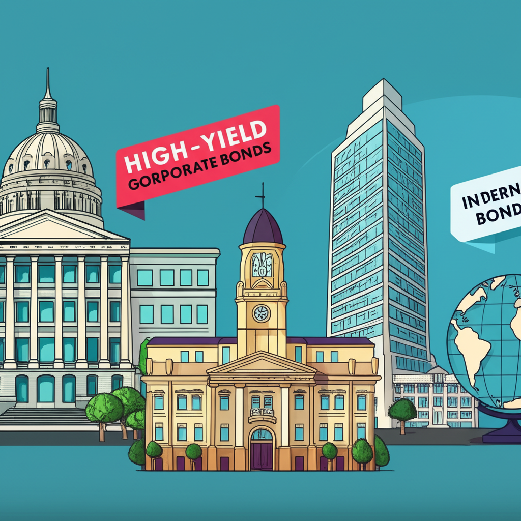 Illustration depicting diverse bond types: government building, corporate skyscraper, town hall, globe, and high-yield icon