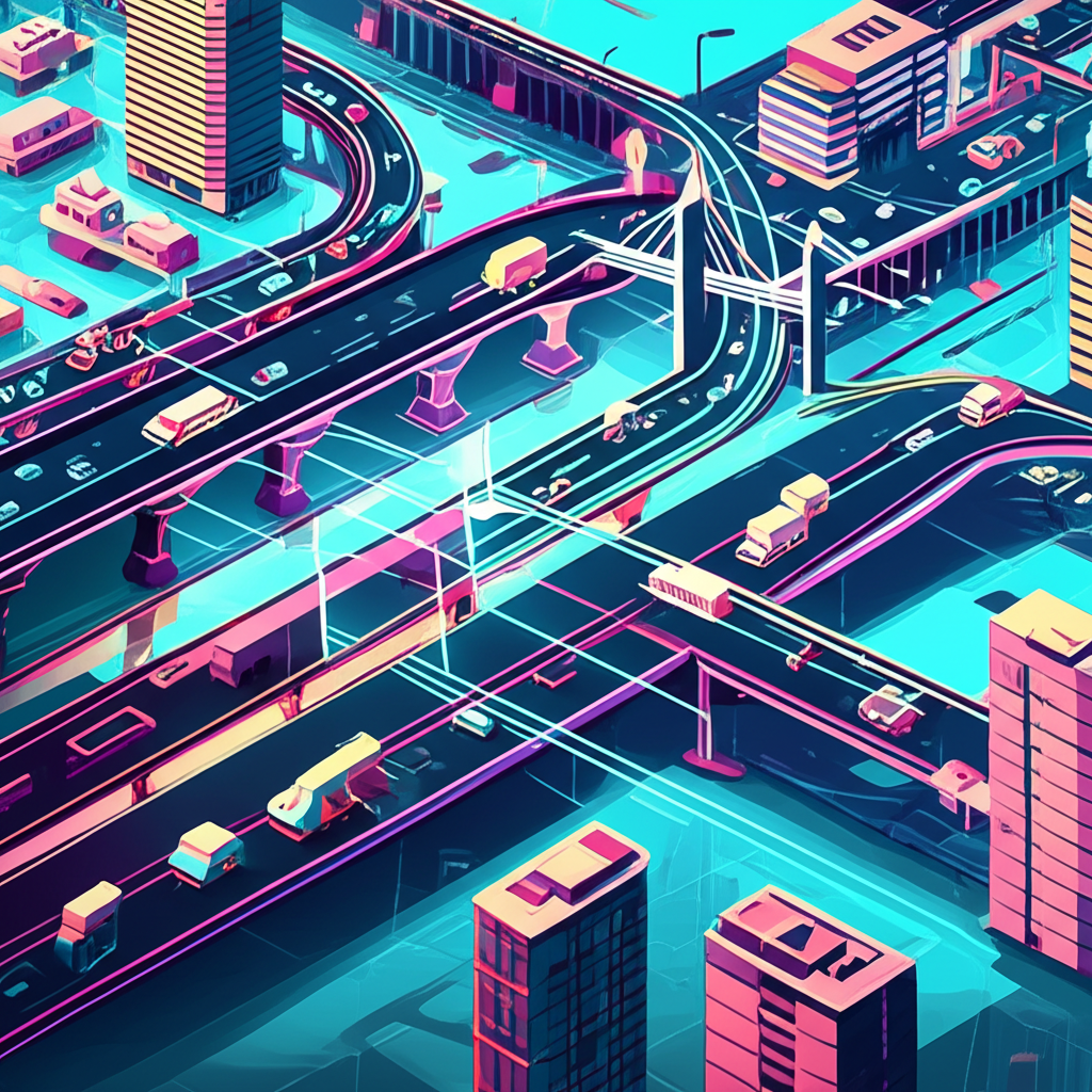 Illustration of city infrastructure as an unseen backbone with roads, bridges, and digital networks symbolizing investment growth