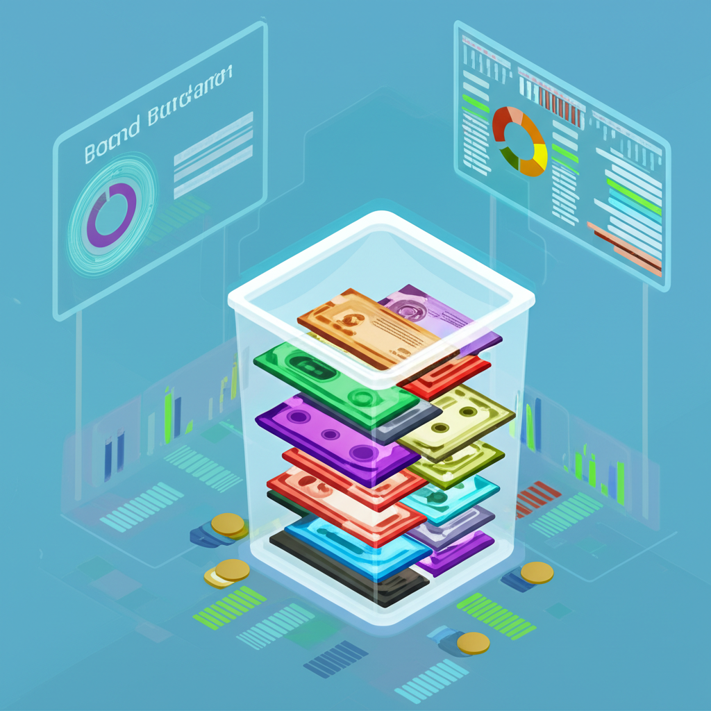 Illustration of a diverse collection of bonds being pooled into a transparent ETF basket, trading on a digital stock exchange, symbolizing diversification and liquidity