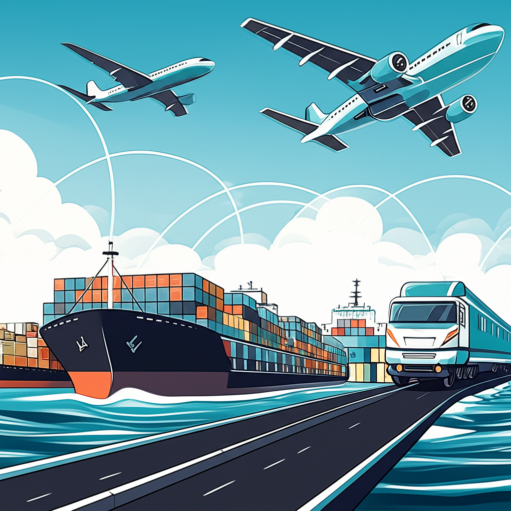 Illustration of diverse transportation modes such as planes, ships, trucks, and trains connected by investment flows, symbolizing Transportation ETFs, global trade, and economic activity