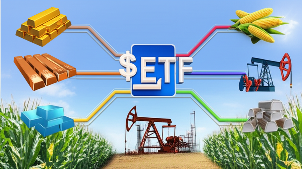 Illustration of diverse raw materials like oil rigs, gold bars, corn fields, and industrial metals, all linked by digital lines converging into an ETF symbol, representing commodity ETFs as a bridge to these markets for investors, vibrant and accessible.
