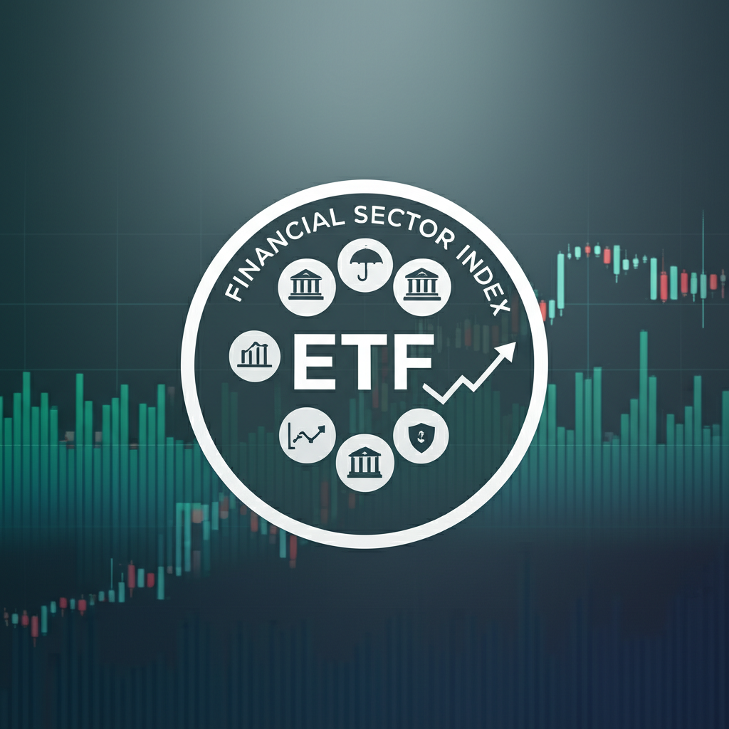 An illustration showing a single ETF icon encompassing various smaller icons representing different financial companies (bank, insurance, stock chart), all inside a larger circle labeled 'Financial Sector Index', with stock market graphs in the background