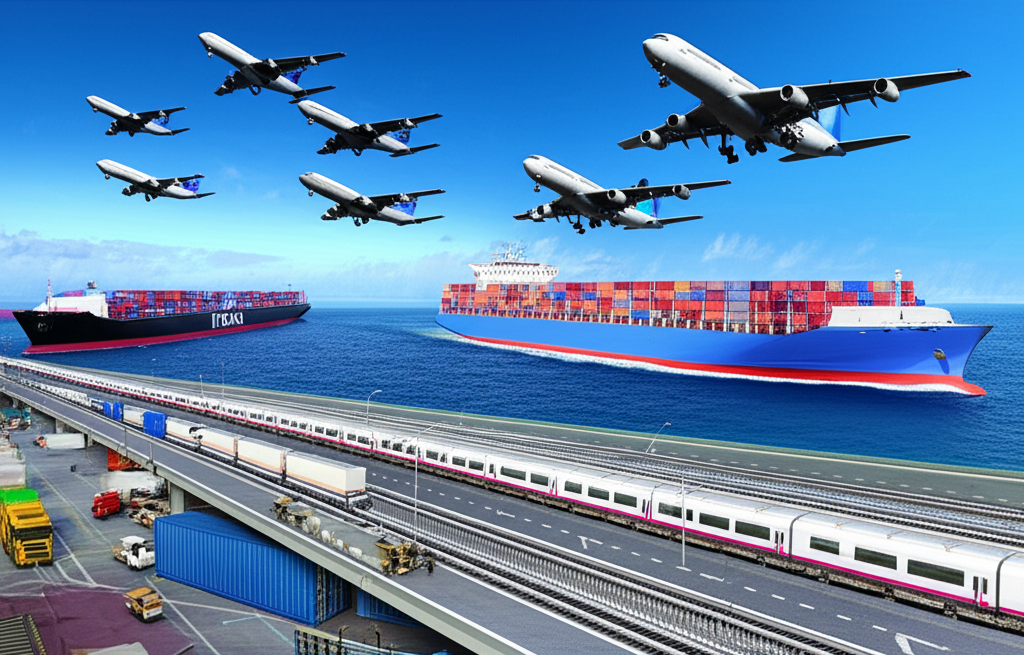 Detailed illustration of core transportation sub-sectors: air cargo operations, passenger airlines, marine container shipping, and integrated road and rail networks