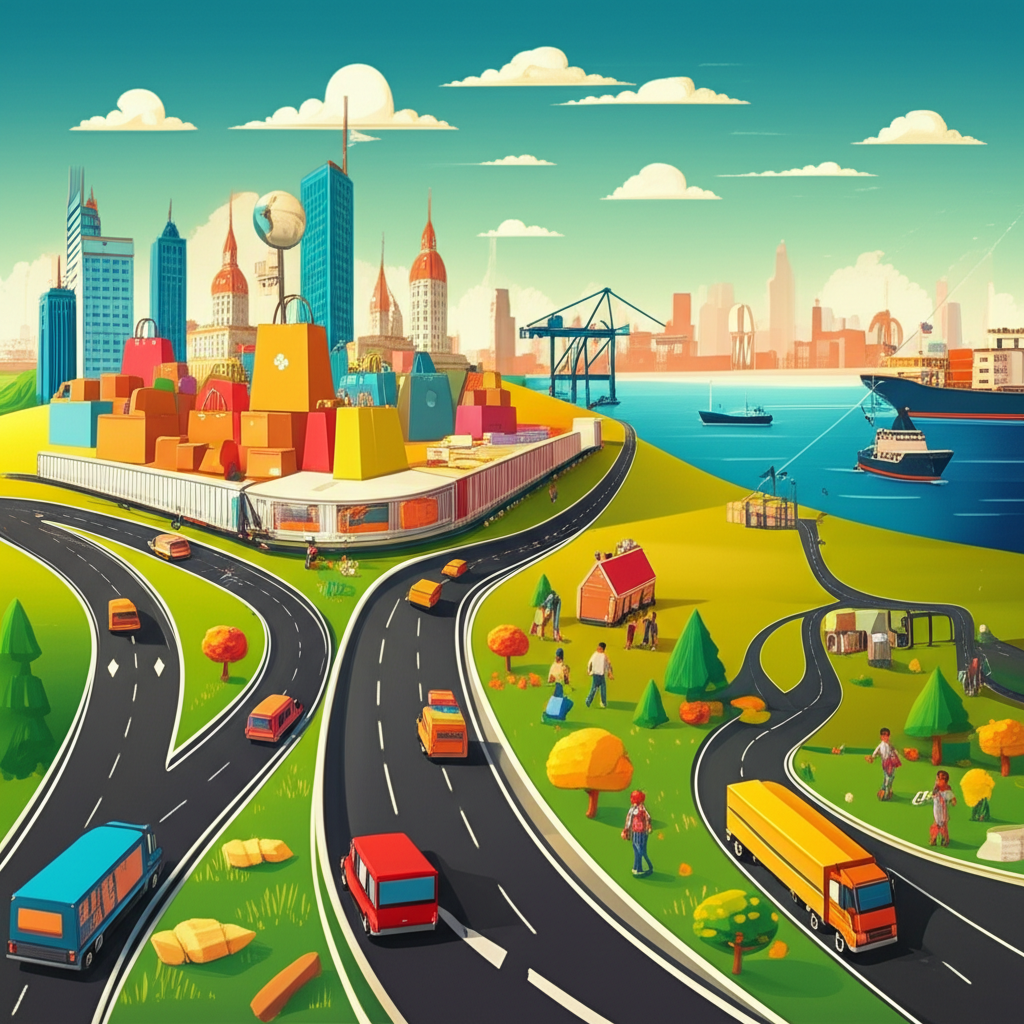 Illustration showing economic growth, rising consumer spending, e-commerce deliveries, and infrastructure development as key drivers boosting the transportation sector