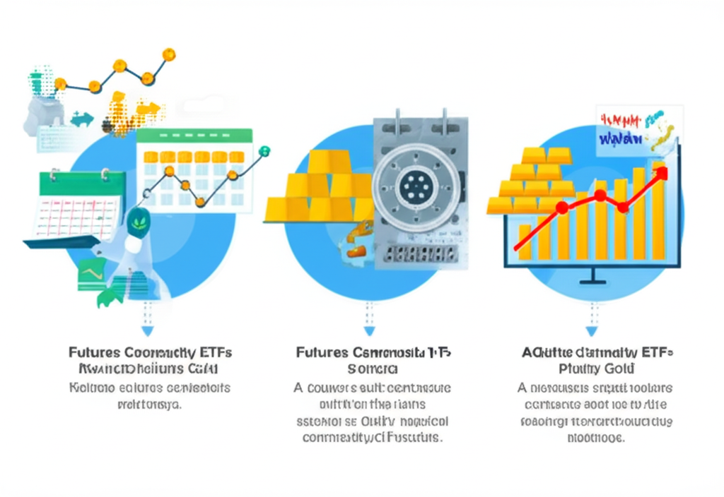 Illustration showing three distinct pathways: one with a calendar and charts for futures contracts, another with secure vaults holding physical gold, and a third with company logos and stock graphs, symbolizing the different structures of commodity ETFs, clear and informative.