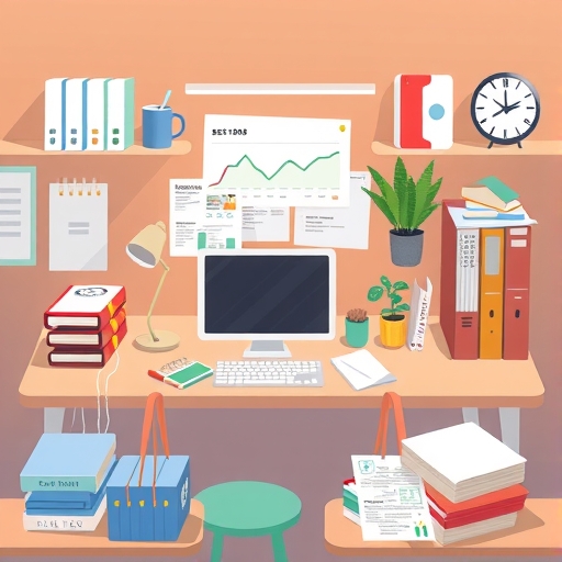 An illustration of a busy desk.