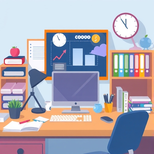 An illustration of a busy desk.