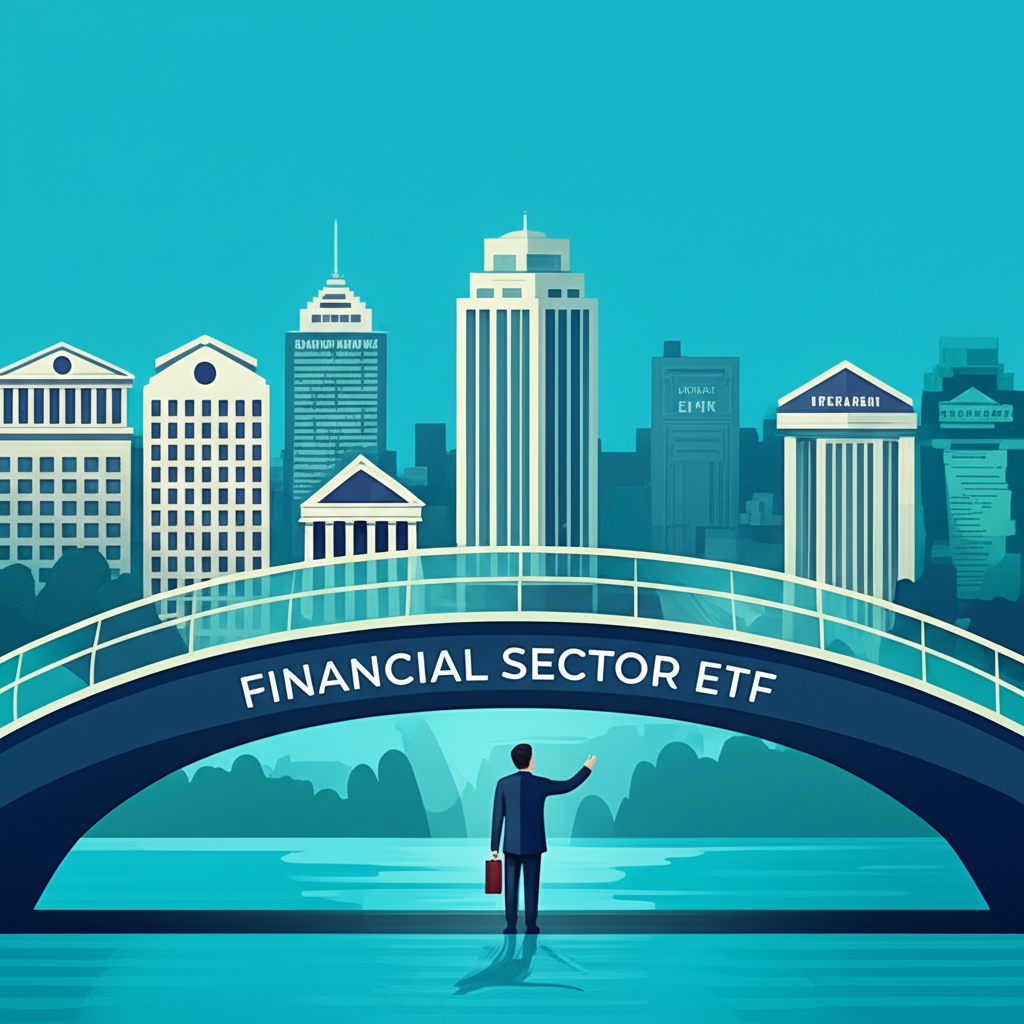 An illustration of an investor figure standing on a bridge, looking towards a diverse landscape of financial institutions (banks, insurance, stock market), with the bridge labeled 'Financial Sector ETF', representing simplified access