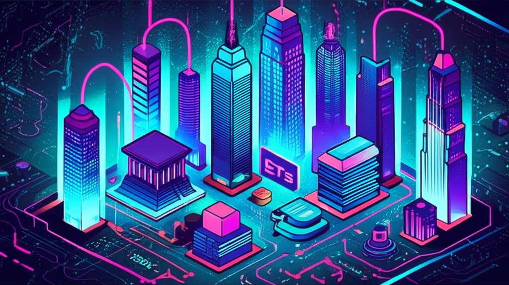 An illustration of a vibrant financial cityscape with diverse buildings representing banks, insurance, and fintech, all connected by glowing lines symbolizing investment flow, with ETFs as a central hub
