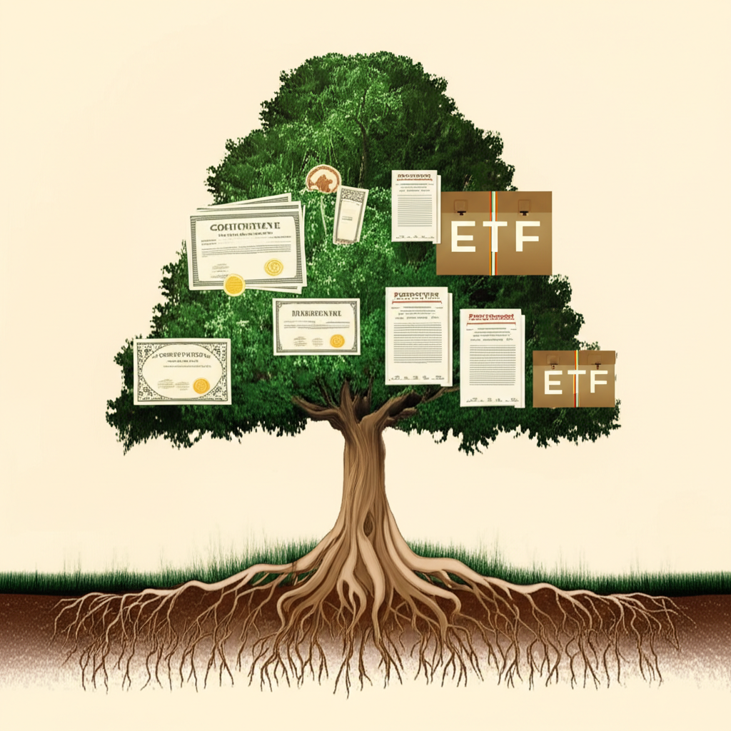 Illustration of a diversified portfolio with bonds and ETFs forming a stable financial landscape under a protective tree symbolizing security and capital preservation