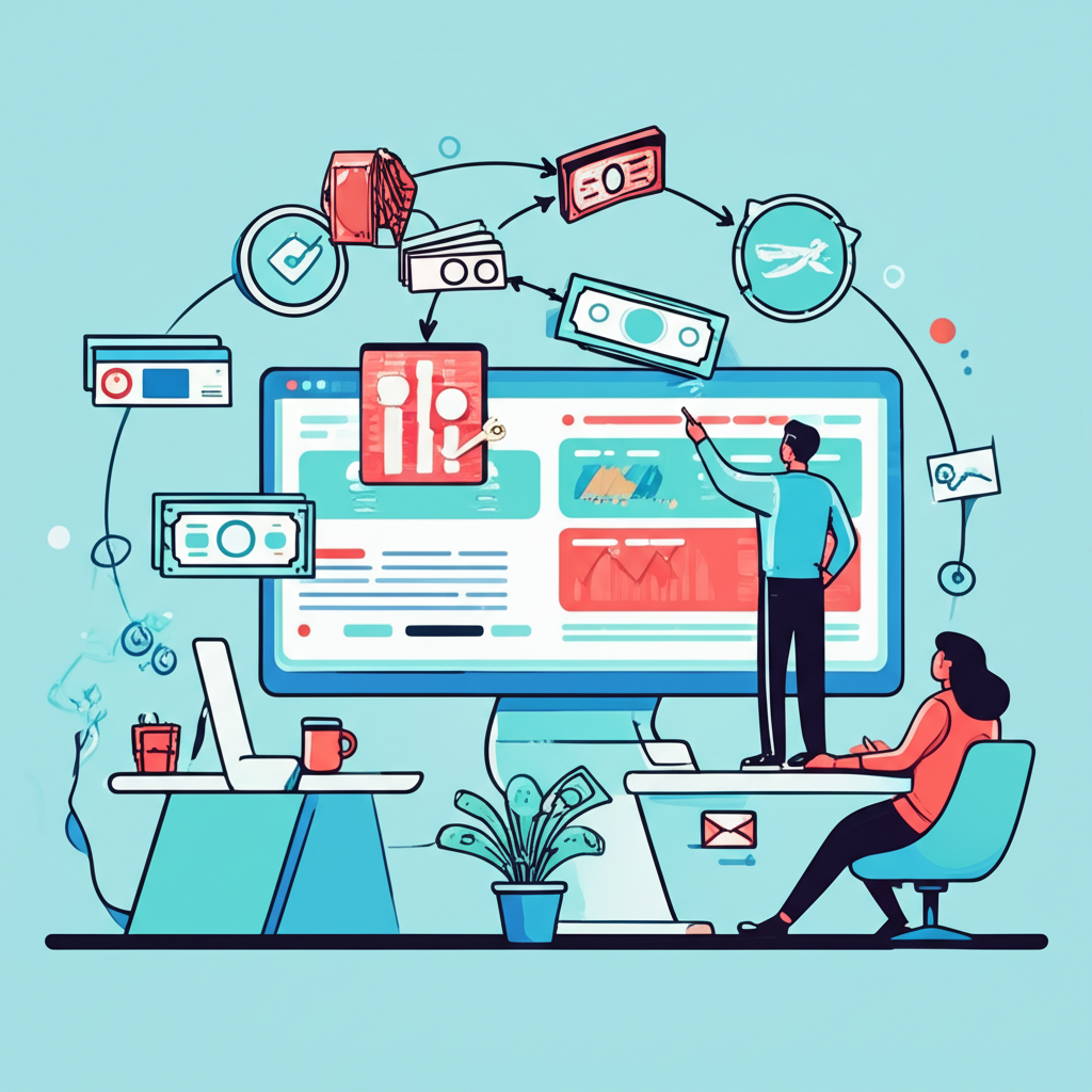 Illustration of a fund manager overseeing a diverse bond portfolio, with interest payments flowing to investors and tracking a bond index on screen