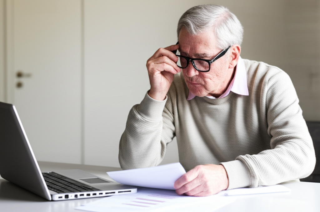 Man reviewing retirement savings plan on a desk with charts and a calculator