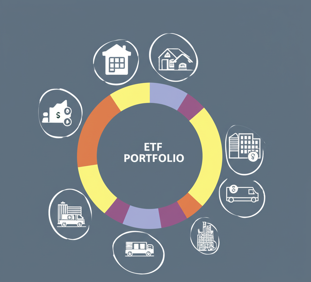 Visual representation of a diversified ETF portfolio with infrastructure, energy, tech, and utilities sectors interconnected