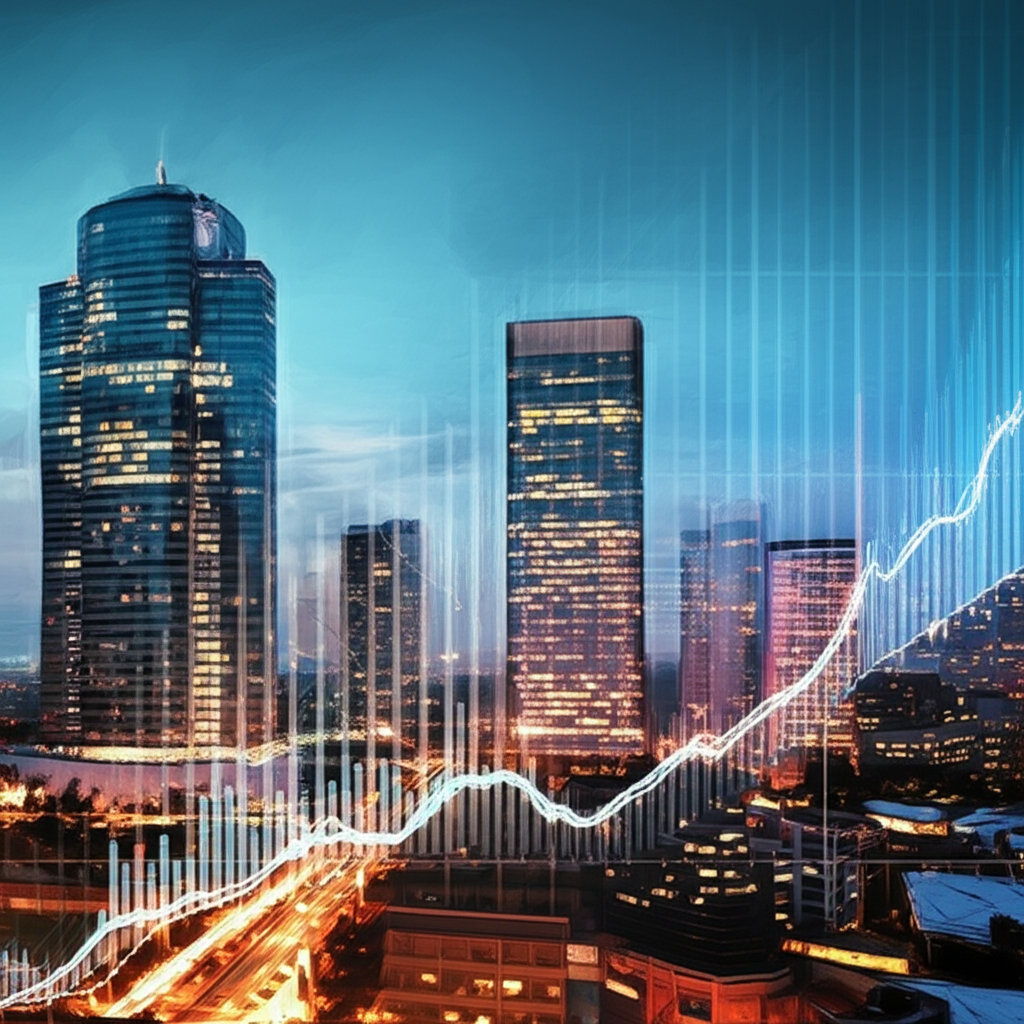 City skyline with overlay of financial charts showing real estate market trends and investment growth