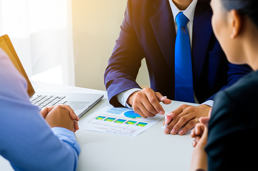 Human advisor with client reviewing investment chart