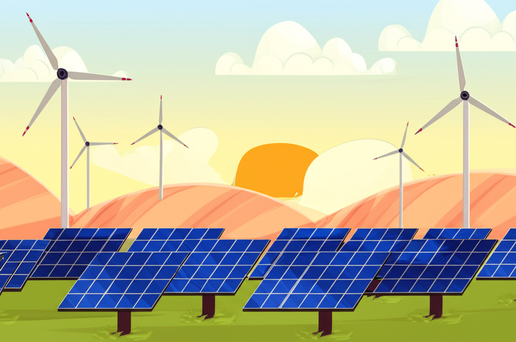 Illustration of US wind and solar farms harnessing renewable power