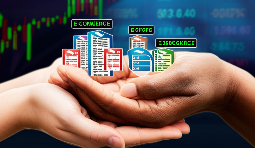 Hands holding different e-commerce ETF symbols, representing diversified investment options in digital commerce