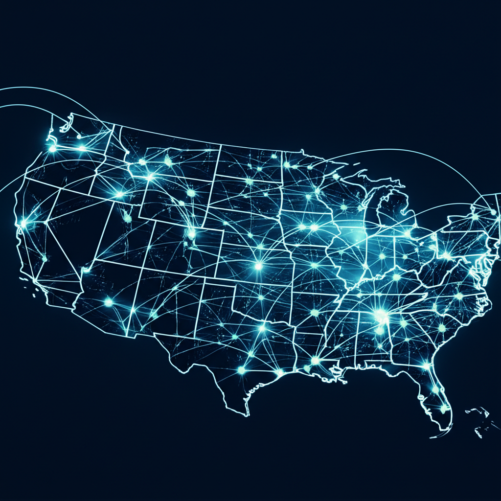 Digital logistics network visualization showing real-time cargo tracking, data analytics, and supply chain integration across the United States