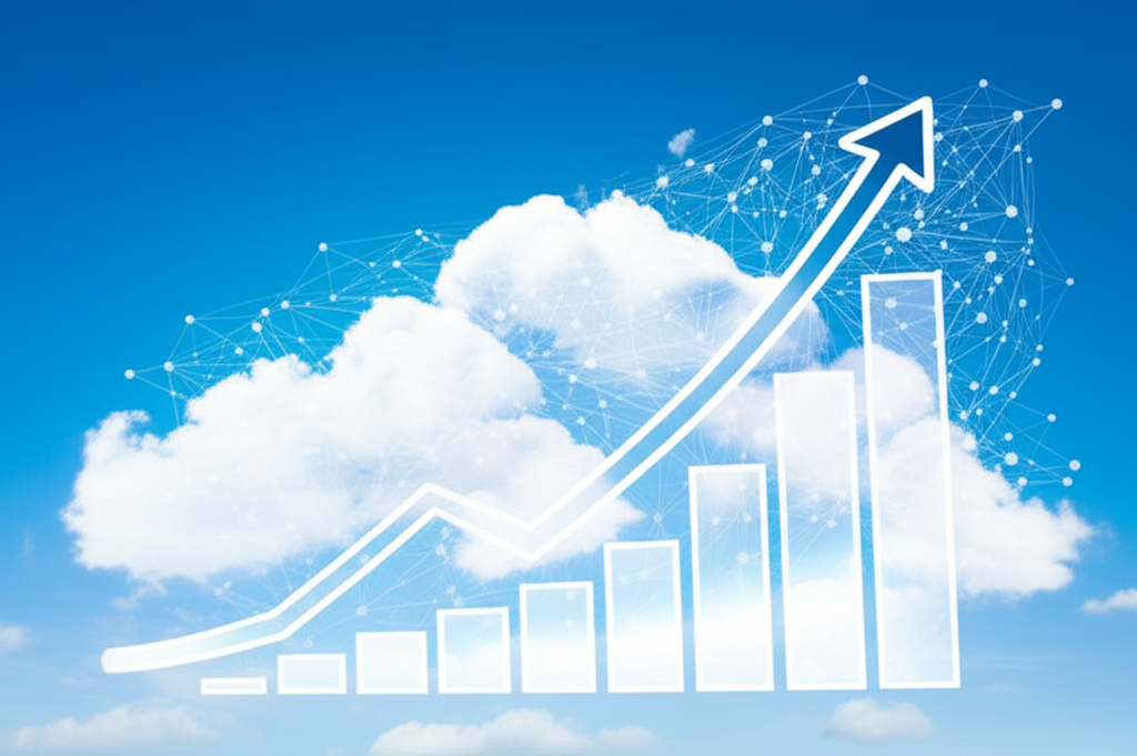 Cloud network with growth chart showing rising adoption and market expansion through 2025
