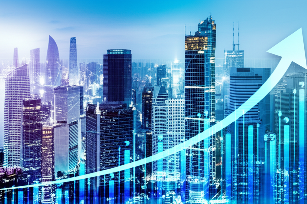 Asia-Pacific skyline with rising growth chart illustrating economic expansion