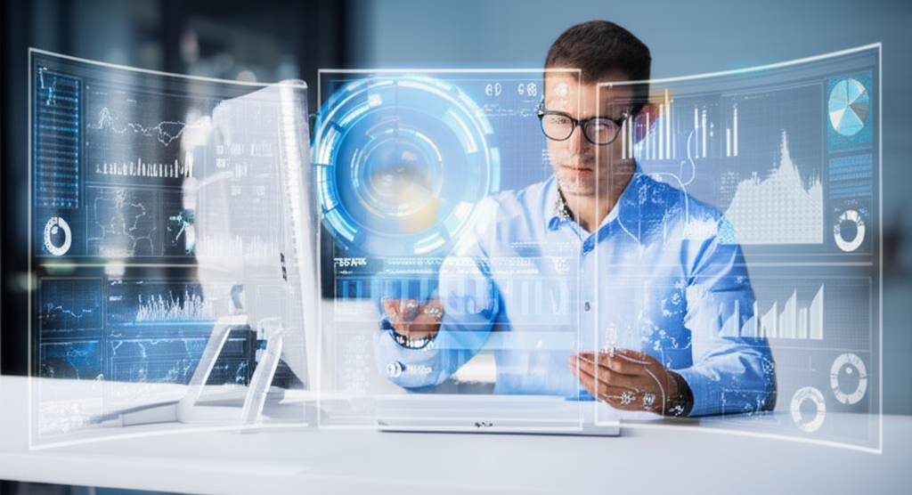 Professional investor analyzing Smart Beta ETF performance data on a multi-screen trading setup