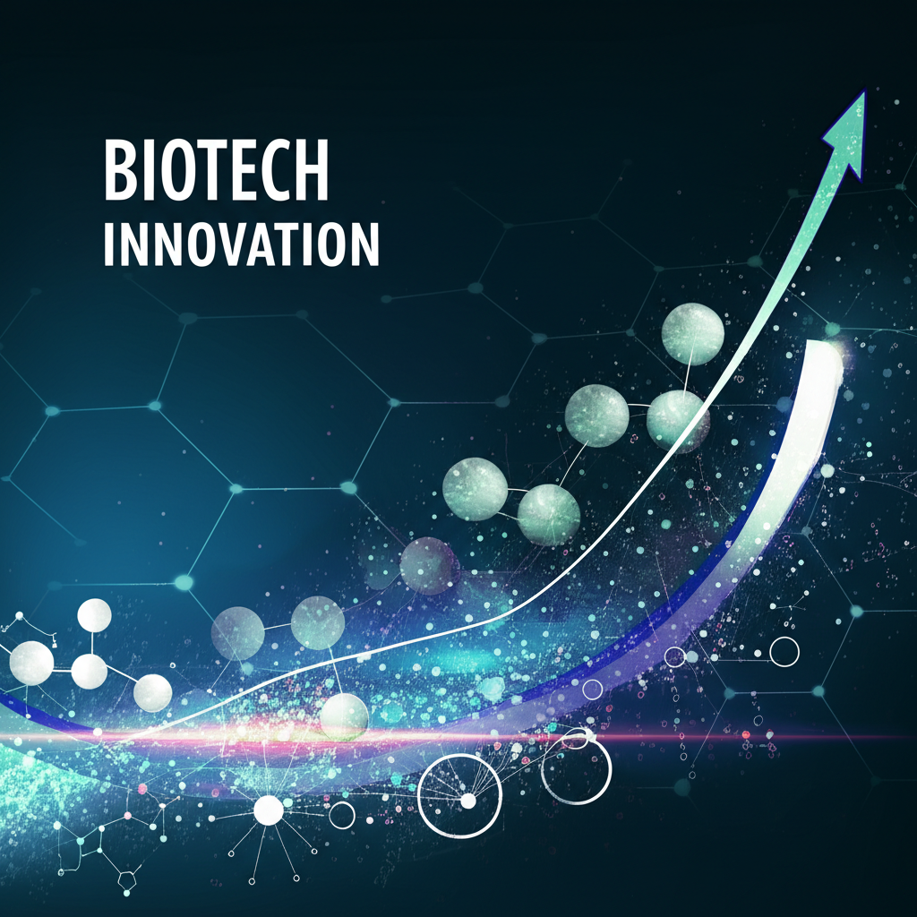 Illustration of biotech innovation showing DNA strands, lab equipment, and upward growth charts