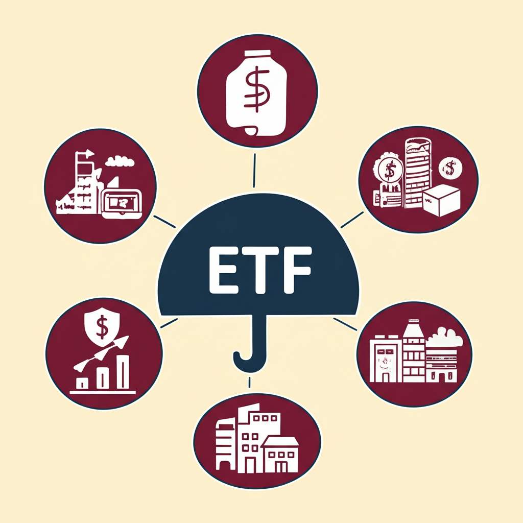 Illustration of ETF investment strategy showing diversification, low cost, and liquidity benefits