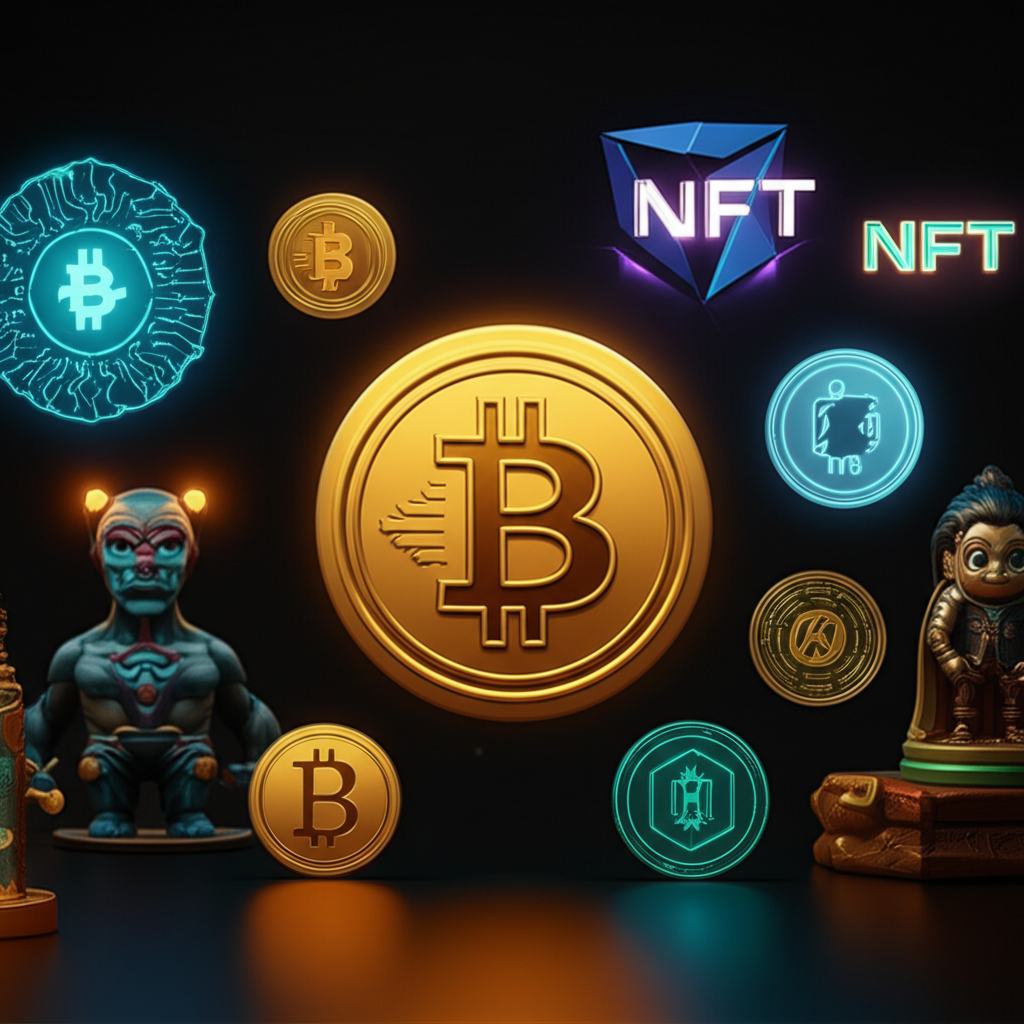 Display of collectibles and digital assets like rare coins, art pieces, and NFTs on a modern investment desk