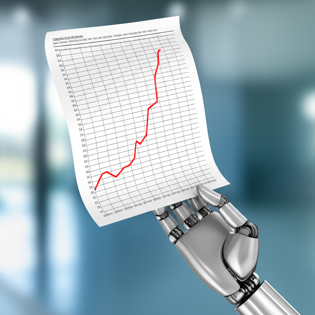 Robotic arm holding a growth chart showing upward trends in robotics and AI investment