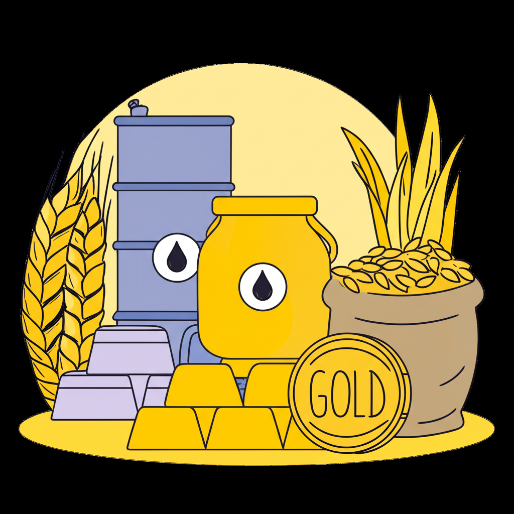 Illustration of diverse commodity assets including gold bars, oil barrels, wheat stalks, and natural gas icons