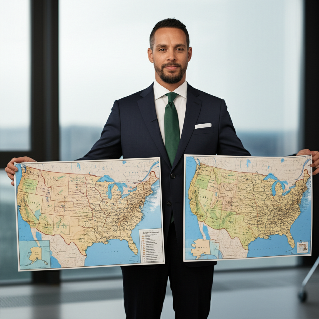 US investor analyzing maps of different regions to compare ETF investment choices
