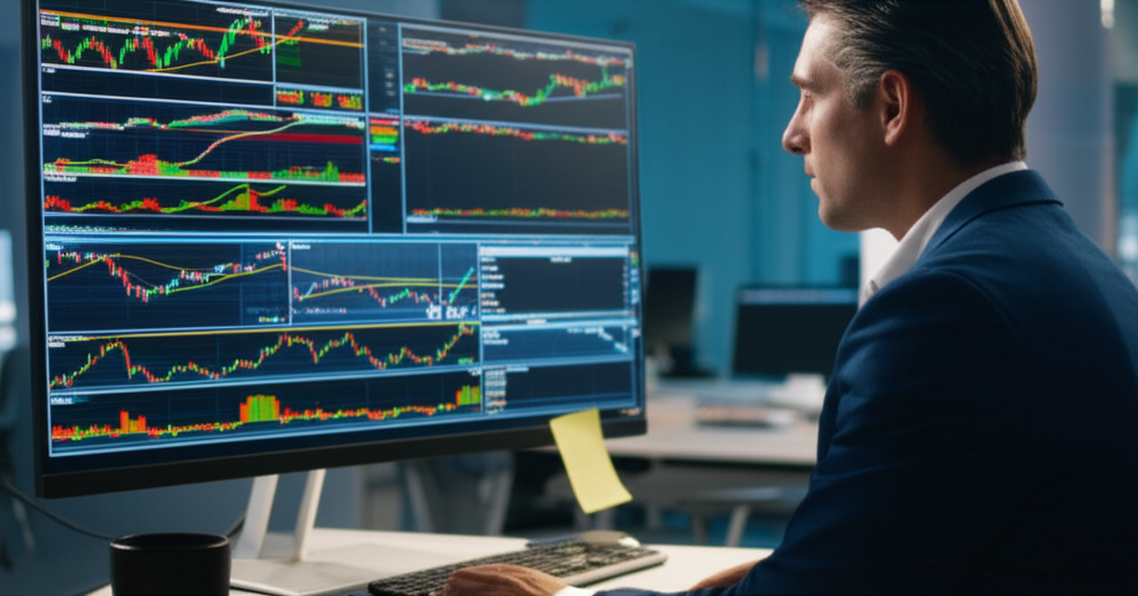 Investor analyzing commodity market trends on multiple screens showing oil prices, gold charts, and agricultural futures