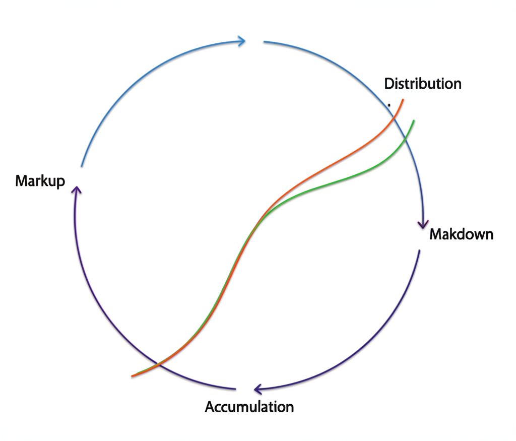 Stock market cycle phases illustrating accumulation, markup, distribution, and markdown stages
