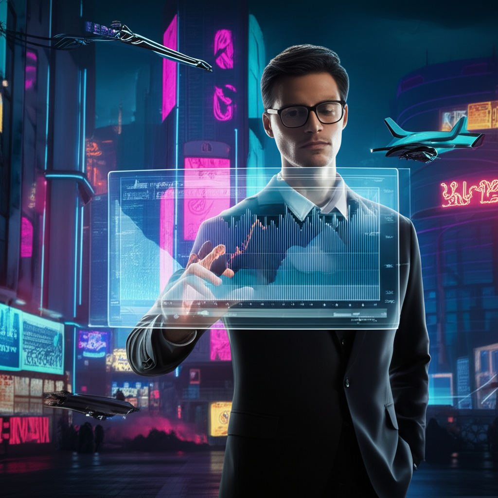 Investor exploring a virtual world with digital assets and avatars