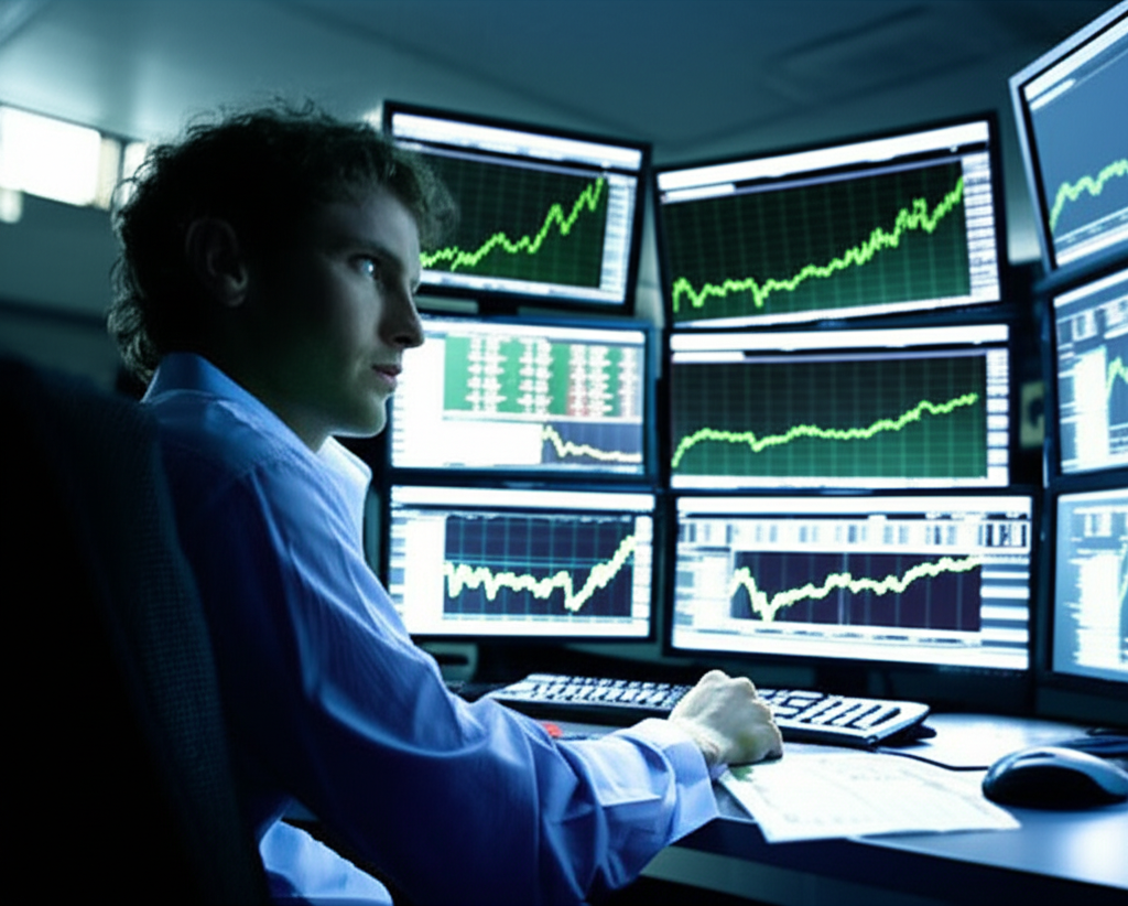 Trader analyzing market volatility on multiple screens, highlighting risk and decision-making