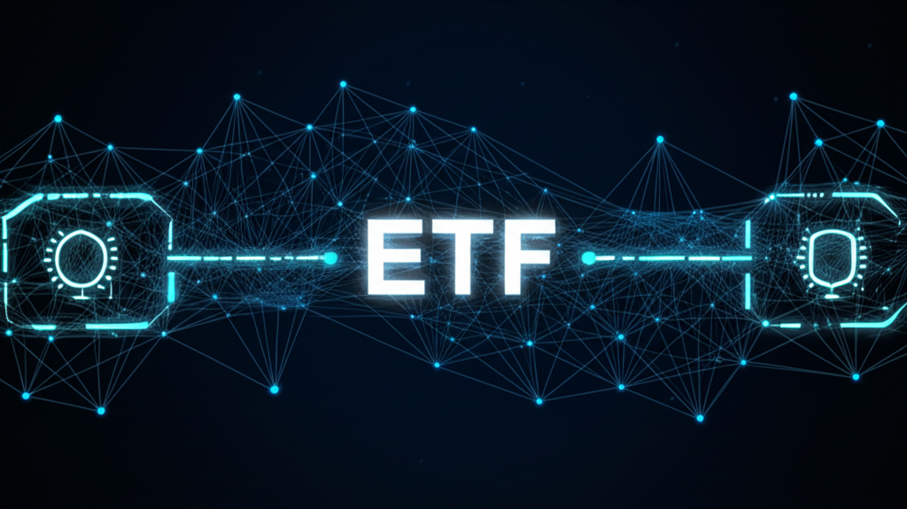 Blockchain network linking to an ETF symbol, illustrating investment connections
