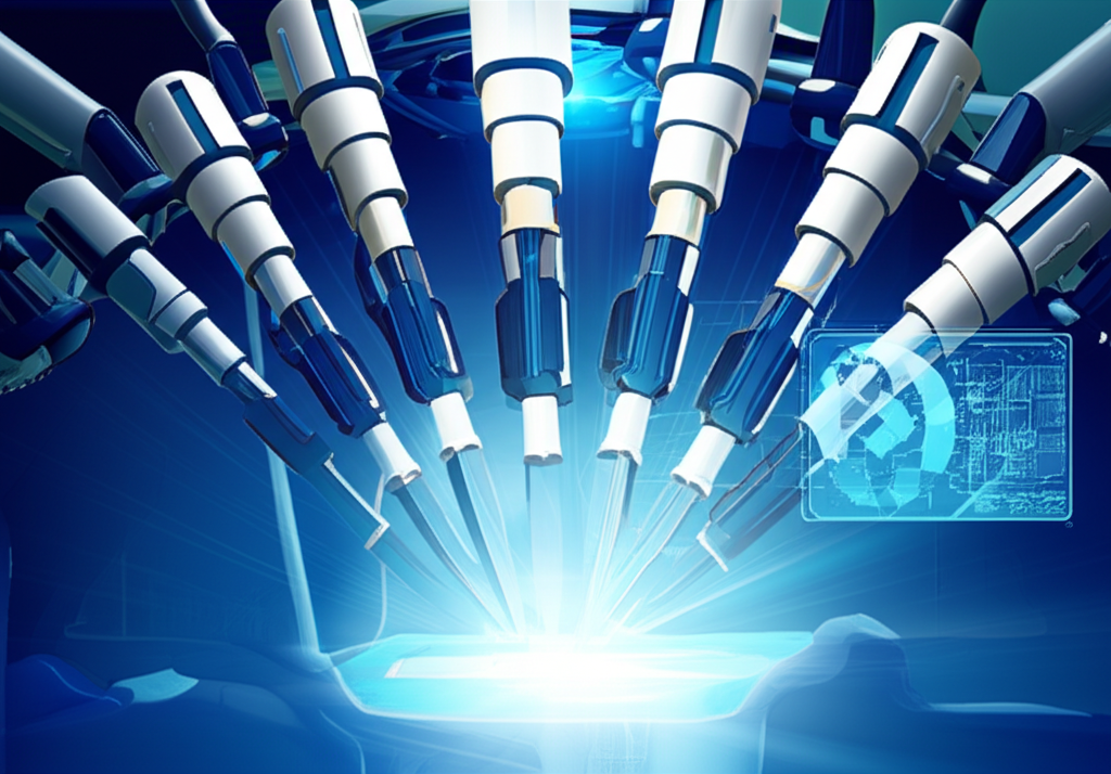 Digital illustration of robotic surgery arms and AI-powered medical devices in a futuristic operating room