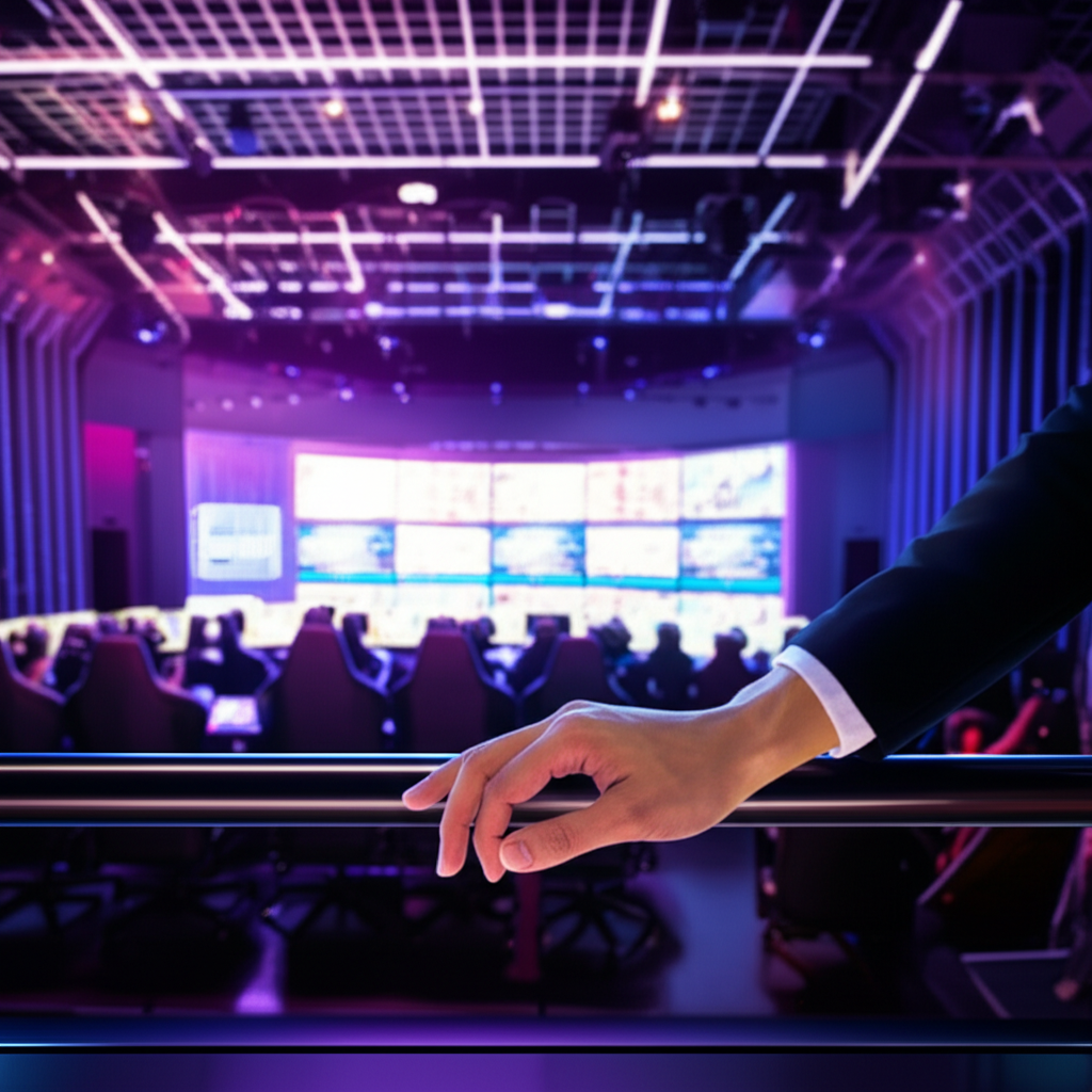 Esports arena with glowing screens and an investor's hand placing a digital trade overlay, symbolizing strategic investment in gaming