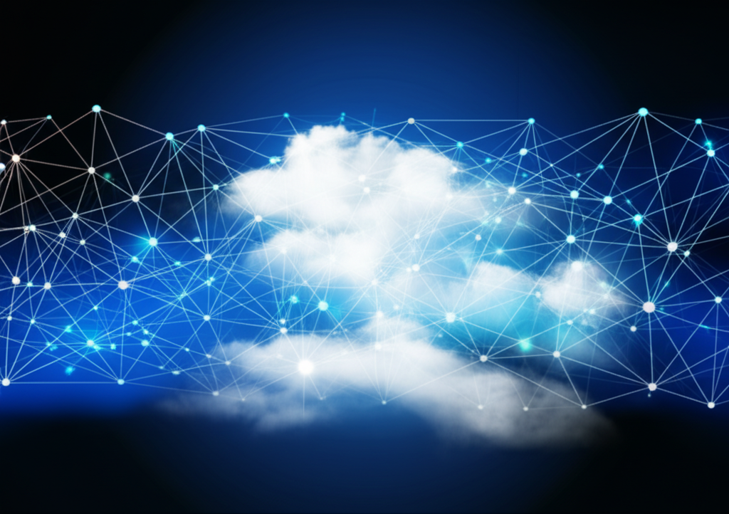 Illustration of a global cloud computing network with interconnected data centers and digital services