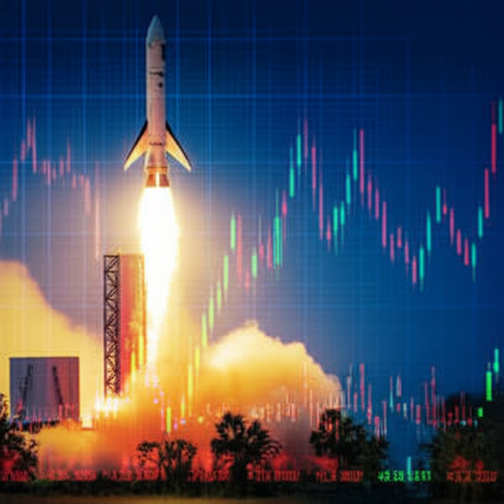 A rocket launch at dusk with real-time stock ticker data overlaid, symbolizing the convergence of space innovation and financial markets
