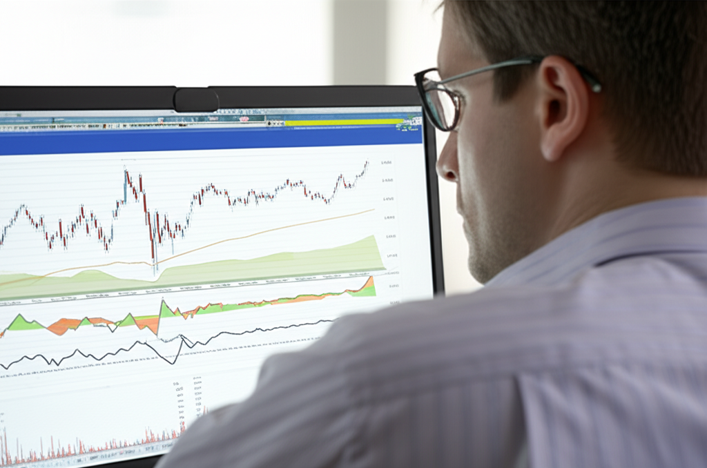 Investor analyzing high-yield bond performance charts on multiple screens