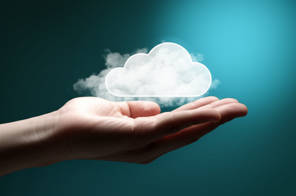 Investor hand holding glowing cloud-shaped coins symbolizing digital asset growth and tech investment