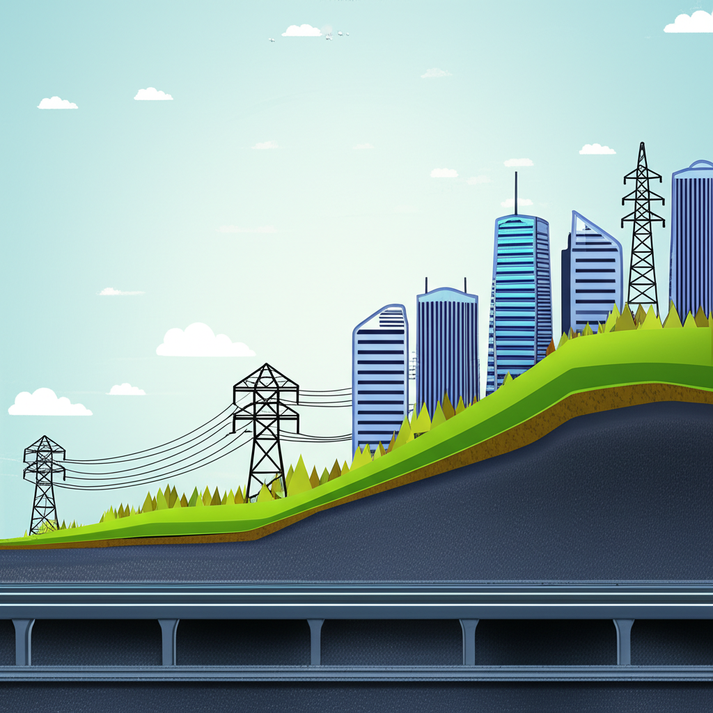 Illustration of US infrastructure growth showing highways, wind turbines, fiber networks, and bridges under development