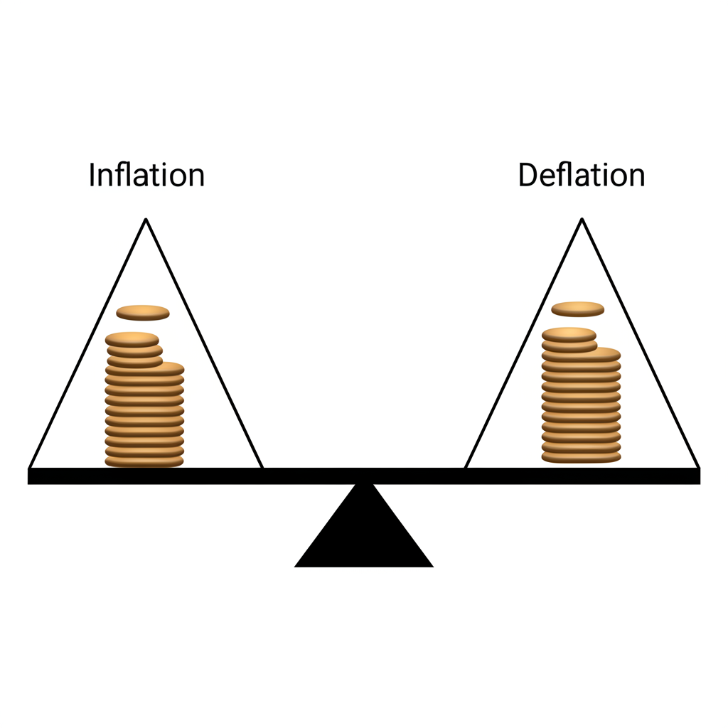 Infographic of a balance scale comparing inflation, which erodes money's value, against deflation, which boosts it, with arrows highlighting broader economic impacts