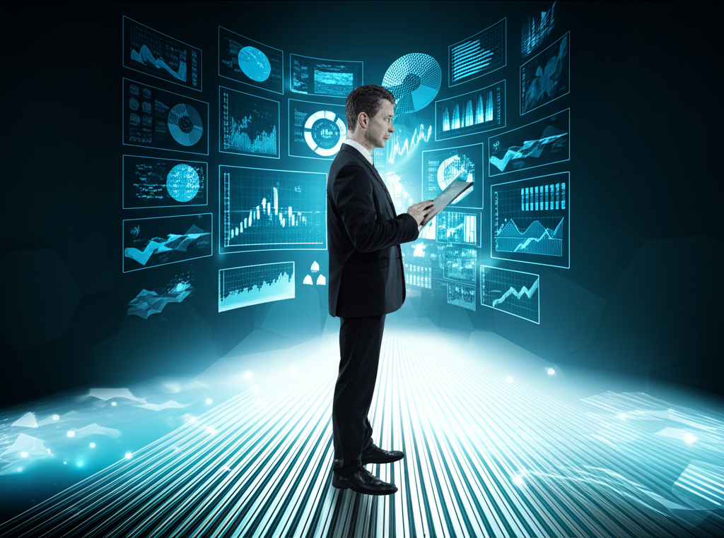 Investor analyzing future growth trends in technology, clean energy, and artificial intelligence