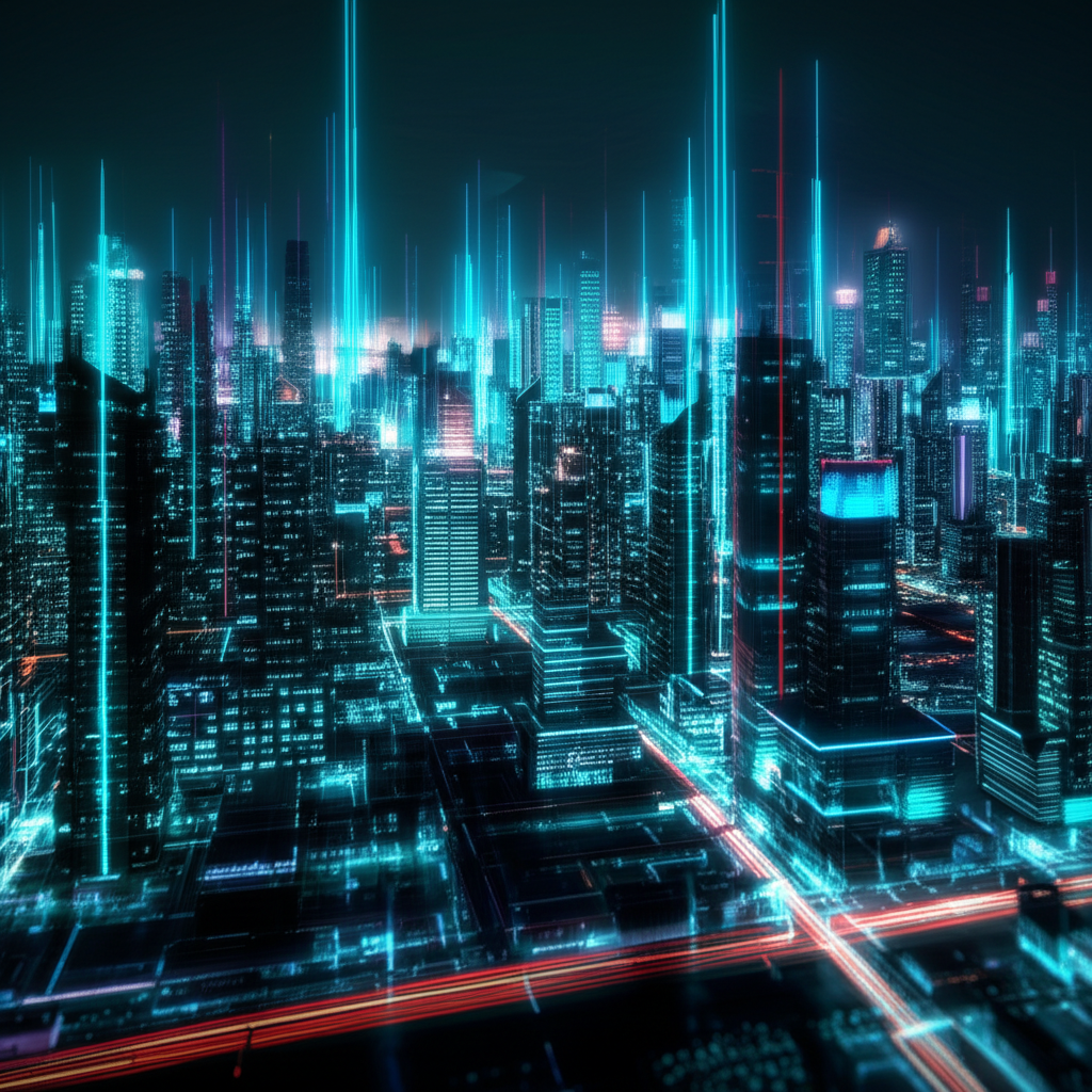 Vibrant metaverse cityscape with flowing data streams and interconnected virtual structures